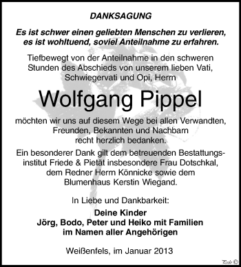 Traueranzeige von Wolfgang Pippel von Mitteldeutsche Zeitung Weißenfels