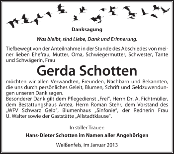 Traueranzeige von Gerda Schotten von Mitteldeutsche Zeitung Weißenfels