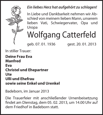 Traueranzeige von Wolfgang Catterfeld von Mitteldeutsche Zeitung Quedlinburg