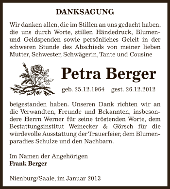 Traueranzeige von Petra Berger von Mitteldeutsche Zeitung Bernburg