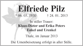 Traueranzeige von Elfriede Pilz von Mitteldeutsche Zeitung Quedlinburg