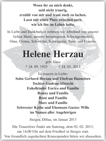 Traueranzeige von Helene Herzau von Mitteldeutsche Zeitung Merseburg/Querfurt