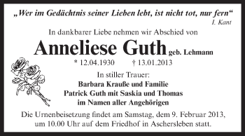 Traueranzeige von Anneliese Guth von Mitteldeutsche Zeitung Aschersleben