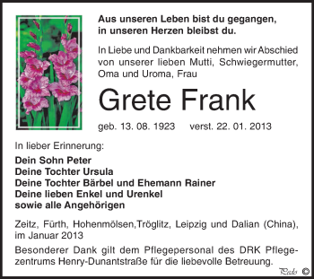 Traueranzeige von Grete Frank von Mitteldeutsche Zeitung Weißenfels