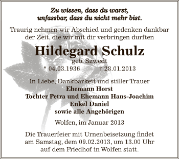 Traueranzeige von Hildegard Schulz von Mitteldeutsche Zeitung Bitterfeld