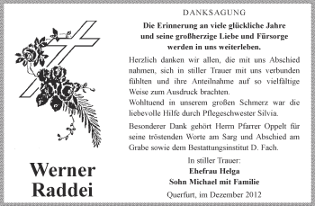Traueranzeige von Werner Raddei von Mitteldeutsche Zeitung Merseburg/Querfurt