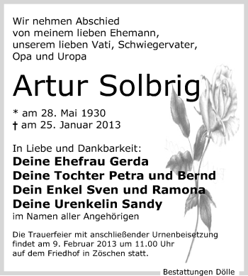 Traueranzeige von Artur Solbrig von Mitteldeutsche Zeitung Merseburg/Querfurt