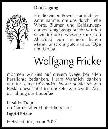 Traueranzeige von Wolfgang Fricke von Mitteldeutsche Zeitung