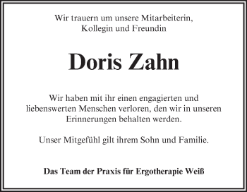 Traueranzeige von Doris Zahn von Mitteldeutsche Zeitung