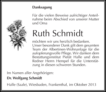 Traueranzeige von Ruth Schmidt von Mitteldeutsche Zeitung Halle/Saalkreis