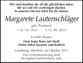 Traueranzeige von Margarete Lautenschläger von Mitteldeutsche Zeitung Merseburg/Querfurt