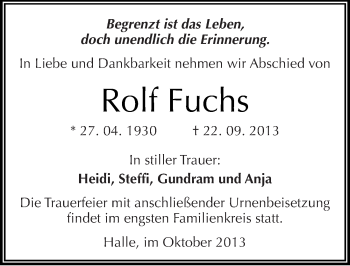 Traueranzeige von Rolf Fuchs von Mitteldeutsche Zeitung Halle/Saalkreis