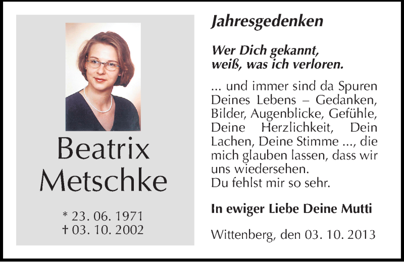  Traueranzeige für Beatrix Metschke vom 03.10.2013 aus Mitteldeutsche Zeitung Wittenberg