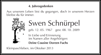 Traueranzeige von Swen Schnürpel von Mitteldeutsche Zeitung Köthen