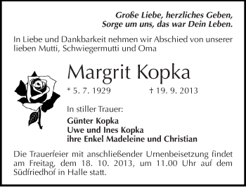 Traueranzeige von Margrit Kopka von Mitteldeutsche Zeitung Halle/Saalkreis