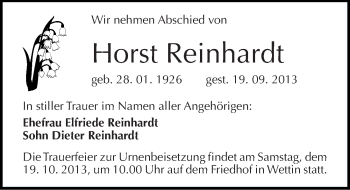 Traueranzeige von Horst Reinhardt von Mitteldeutsche Zeitung Halle/Saalkreis