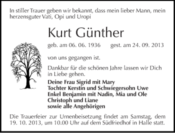 Traueranzeige von Kurt Günter von Mitteldeutsche Zeitung Halle/Saalkreis