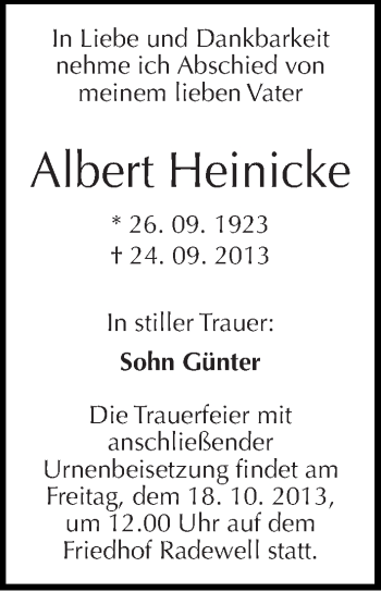 Traueranzeige von Albert Heinicke von Mitteldeutsche Zeitung Halle/Saalkreis