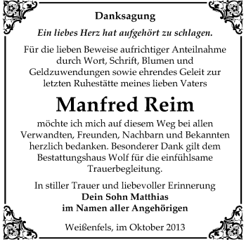 Traueranzeige von Manfred Reim von Mitteldeutsche Zeitung Weißenfels