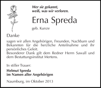 Traueranzeige von Erna Spreda von Mitteldeutsche Zeitung Naumburg/Nebra