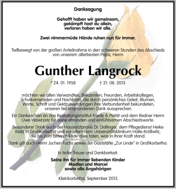 Traueranzeige von Gunther Langrock von Mitteldeutsche Zeitung