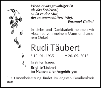 Traueranzeige von Rudi Täubert von Mitteldeutsche Zeitung Halle/Saalkreis