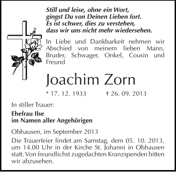 Traueranzeige von Joachim Zorn von Mitteldeutsche Zeitung Merseburg/Querfurt