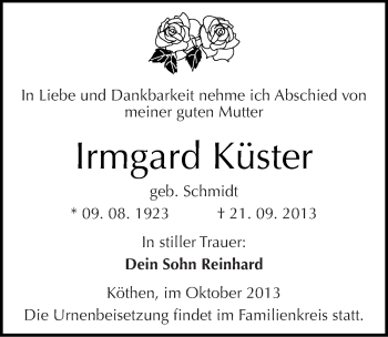 Traueranzeige von Irmgard Küster von Mitteldeutsche Zeitung Köthen