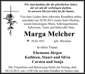 Traueranzeige von Marga Melcher von Mitteldeutsche Zeitung Dessau-Roßlau