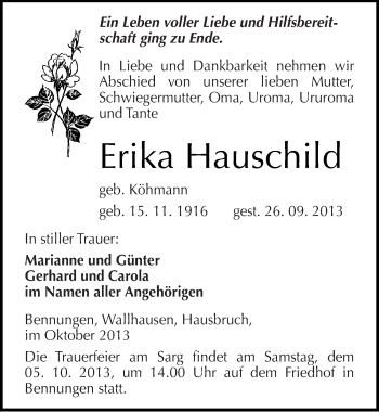 Traueranzeige von Erika Hauschild von Mitteldeutsche Zeitung Sangerhausen