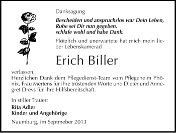 Traueranzeige von Erich Biller von Mitteldeutsche Zeitung Naumburg/Nebra