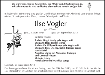 Traueranzeige von Ilse Vogler von Mitteldeutsche Zeitung Merseburg/Querfurt