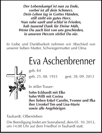 Traueranzeige von Eva Aschenbrenner von Mitteldeutsche Zeitung Naumburg/Nebra