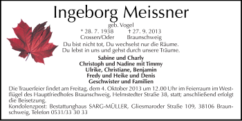 Traueranzeige von Ingeborg Meissner von Mitteldeutsche Zeitung Quedlinburg