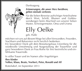 Traueranzeige von Elly Oelke von Mitteldeutsche Zeitung Mansfelder Land