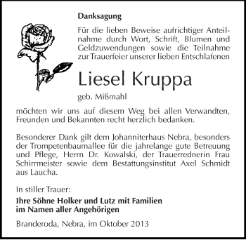Traueranzeige von Liesel Kruppa von Mitteldeutsche Zeitung