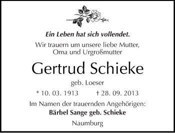Traueranzeige von Gertrud Schieke von Mitteldeutsche Zeitung Naumburg/Nebra