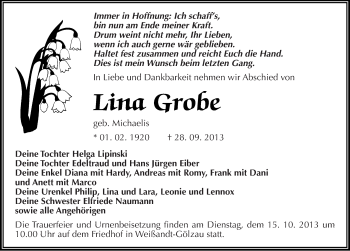 Traueranzeige von Lina Grobe von Mitteldeutsche Zeitung Köthen