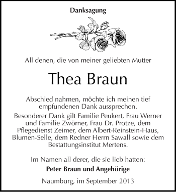 Traueranzeige von Thea Braun von Mitteldeutsche Zeitung Naumburg/Nebra