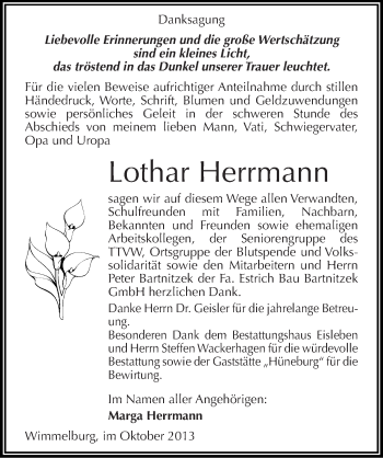 Traueranzeige von Lothar Herrmann von Mitteldeutsche Zeitung Mansfelder Land