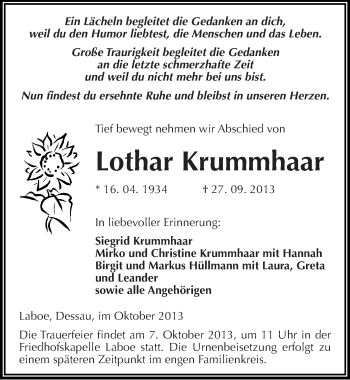 Traueranzeige von Lothar Krummhaar von Mitteldeutsche Zeitung Dessau-Roßlau