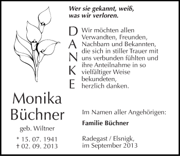 Traueranzeige von Monika Büchner von Mitteldeutsche Zeitung Köthen