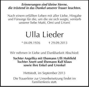 Traueranzeige von Ulla Lieder von Mitteldeutsche Zeitung Mansfelder Land