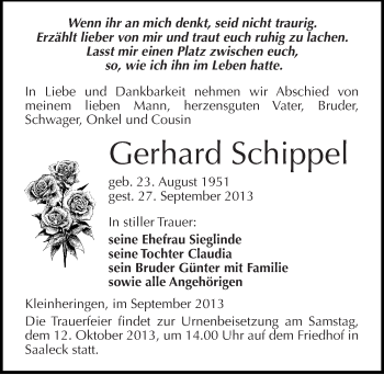 Traueranzeige von Gerhard Schippel von Mitteldeutsche Zeitung Naumburg/Nebra