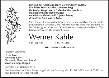 Traueranzeige von Werner Kahle von Mitteldeutsche Zeitung Mansfelder Land