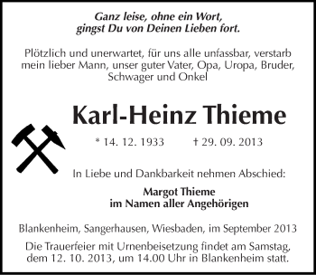 Traueranzeige von Karl-Heinz Thieme von Mitteldeutsche Zeitung Sangerhausen