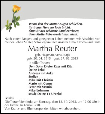 Traueranzeige von Martha Reuter von Mitteldeutsche Zeitung Naumburg/Nebra