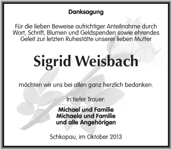 Traueranzeige von Sigrid Weisbach von Mitteldeutsche Zeitung Merseburg/Querfurt