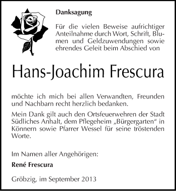 Traueranzeige von Hans-Joachim Frescura von Mitteldeutsche Zeitung Köthen