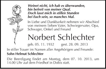 Traueranzeige von Norbert Schlechter von Mitteldeutsche Zeitung Halle/Saalkreis